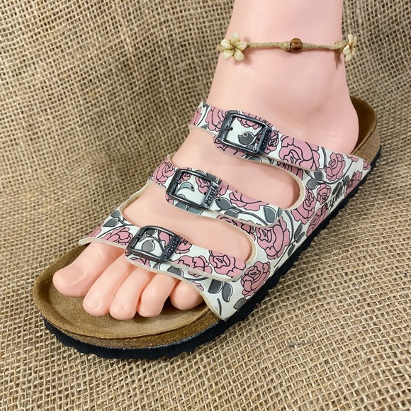 Shoes - women’s Birkenstock sandals floral pink white three strap buckle size 6